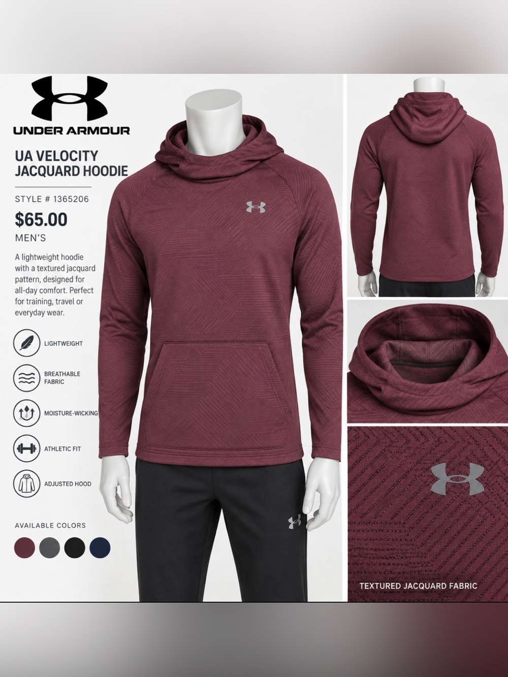 Under Armour Men’s Maroon Lightweight Jacquard Hooded Pullover, Size L